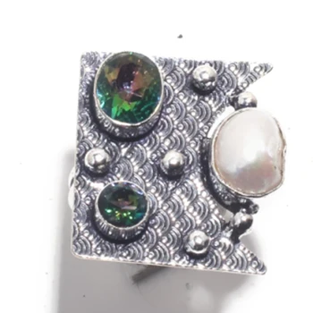 

Genuine Mystic Topaz + Biwa Pearl Ring Silver Overlay over Copper , Hand Made Women Jewelry gift , Size: 8