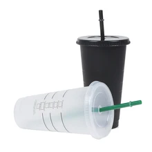 Caneca de café do revestimento matte plástica dos copos reusável do copo de café da mudança da cor da tampa copo de palha branco preto 710ml com tampa