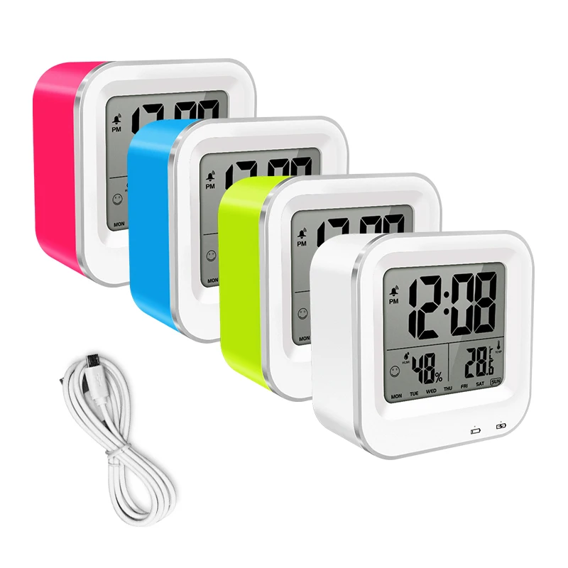 

USB Rechargeable Alarm Clock LCD time display °C-℉ Thermometer Hygrometer backlight Calendar Snooze Table Clock built-in battery