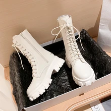 

2021 New Women Mid Calf Boots Autumn Winter Fashion Lace-up Zipper Botas Mujer Comfortable Platform Heel Leather Women Boots