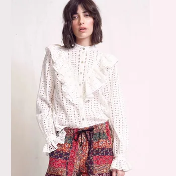 

High Quality Women Hollow Out Ruffled Blouse Long Sleeve Top