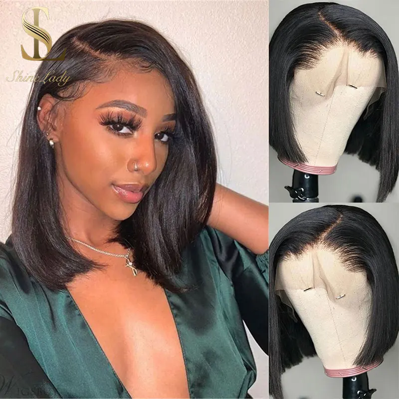 Shinelady Bob Wig Peruvian Human Hair Straight T Part Lace Wigs 10 Inch Short Wigs 1b# Color Remy Human Hair Wig for Black Women