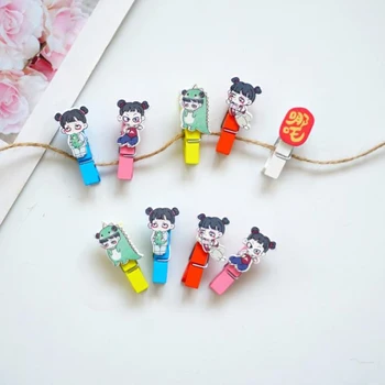 

10 Pcs/pack Kawaii Mini Chinese Hero Nezha Wooden Paper Clips Photo Memo Message Craft DIY Clips Stationery Gifts
