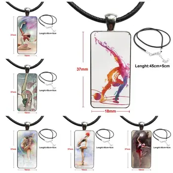 

For Women Painting Girl Sport Gymnastic Luxury Necklace With Steel Plated Glass Cabochon Choker Long Pendant Rectangle Necklace