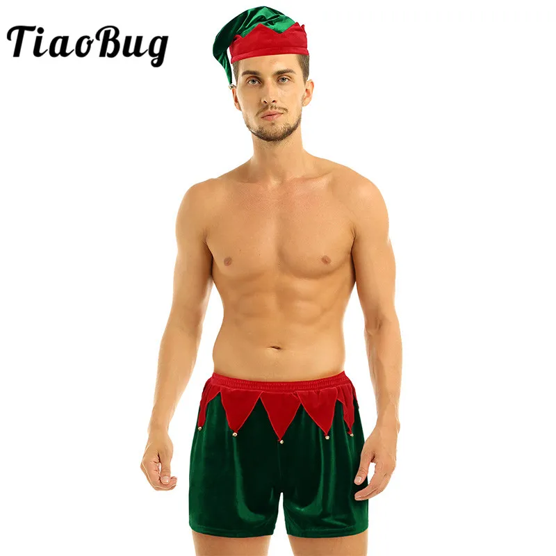 

TiaoBug Men Underwear Soft Velvet Santa Claus Festival Rave Party Holiday Fancy Costume Male Christmas Boxer Shorts with Hat Set