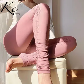 

KE Pink Sauce Purple Dark Green Nude Brushed Thread Stitching Fold Yoga Foot Pants Cross Waist Fitness Pants