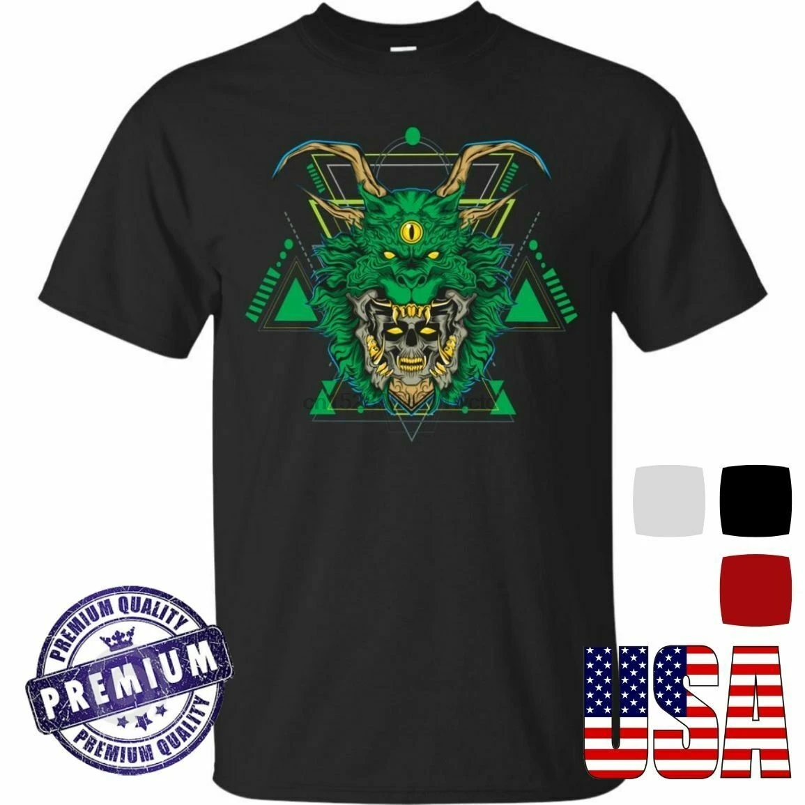 Green Skull Dragon Demon T-Shirt Men Abstract Fantasy Sacred Geometry Clothing | Мужская одежда