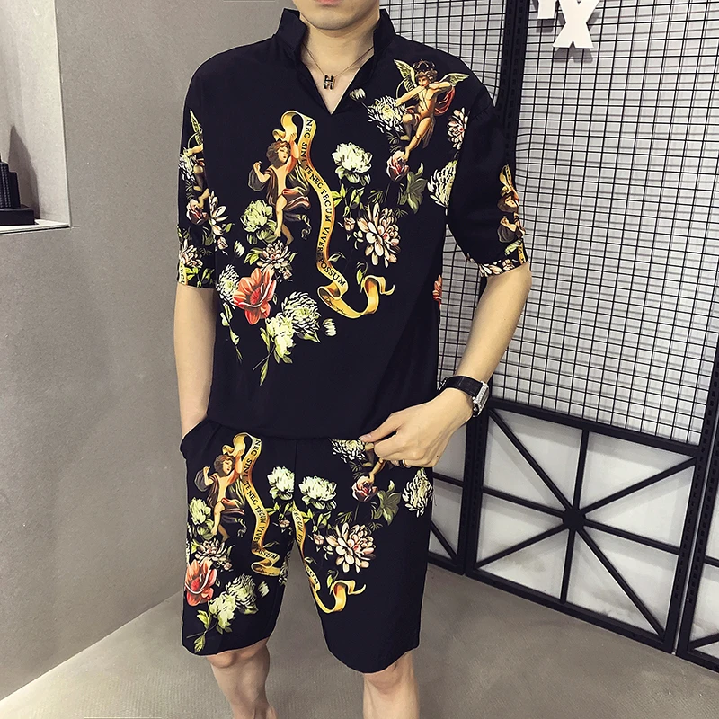 

Summer Mens Fashion Tracksuits Set Personality Eagle Print Casual T Shirt +Shorts Two-piece Men Sportswear Set Men Sweat Suit