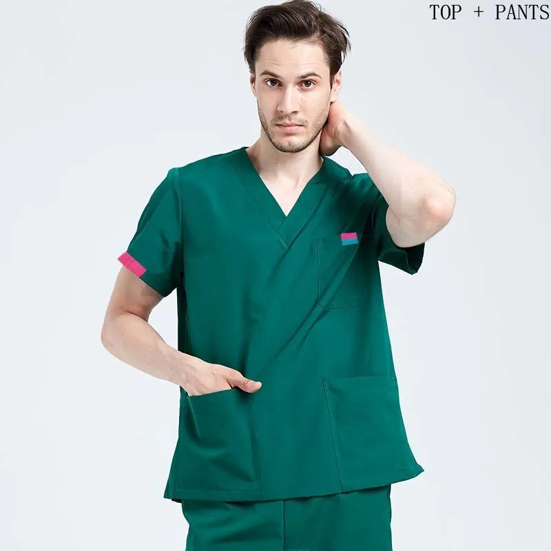 Мужская медицинская форма, чистый хлопок, короткий рукав, топ+ штаны, доктор, одежда для медсестер, Классический v-образный вырез, скраб, набор, цвет, блокировка, дизайн