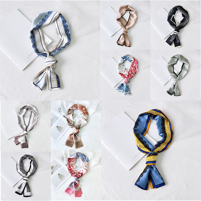 

DIY Hair Tie Band Striped Satin Scarf Women Scarf Narrow Long Elegant Vintage Skinny Head-Neck Wrap Scarves Wristband Wrap