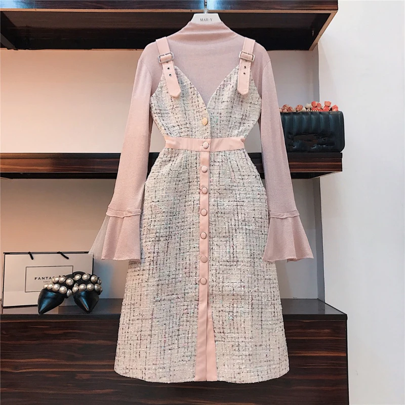 

2019 Autumn Winter Brand Lady Pink 2 Piece Set Dress Women Flare Sleeve Knitted Top + Single-Breasted Plaid Tweed Overall