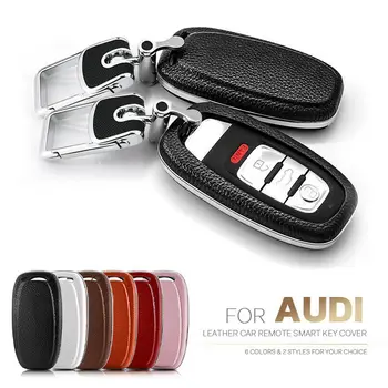 

For Audi A4L A6L A8 Q5 Leather Remote Key Case Cover Fob Holder Chain 3 Button