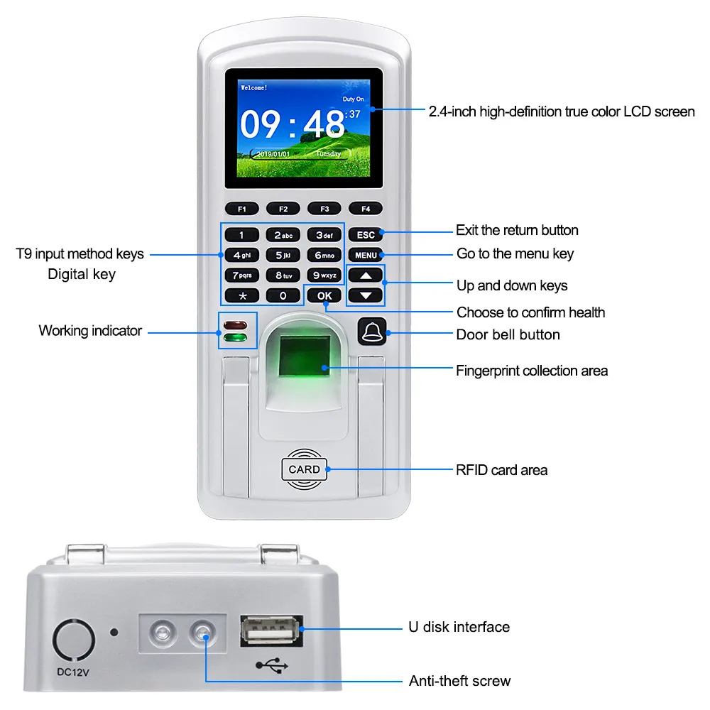 RFID Daktiloszkópia Dühroham vezérlő TCP/IP biometric Időszámítás Részesítés Rendszer gépi Munkavállaló Bejegyzés diktafon 2.4inch USB realand