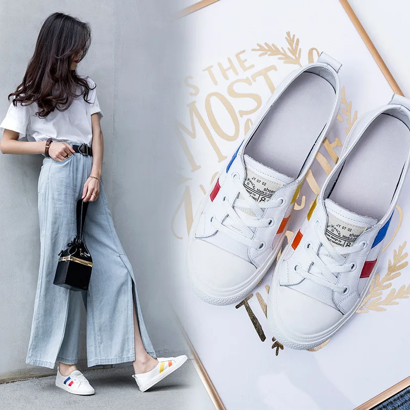 

2018 Autumn And Winter New Style Shoe Women's Genuine Leather Street Snap Lace-up White Shoes Women's Versatile Breathable Mixed