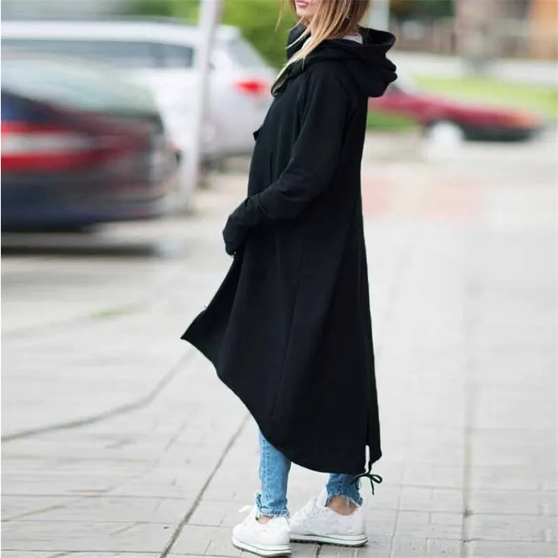 Autumn Hooded Long Sleeve Zip Sweatshirt Hoodies Coat Women Solid Long Jacket Irregular Hem Black Outwear Plus Size