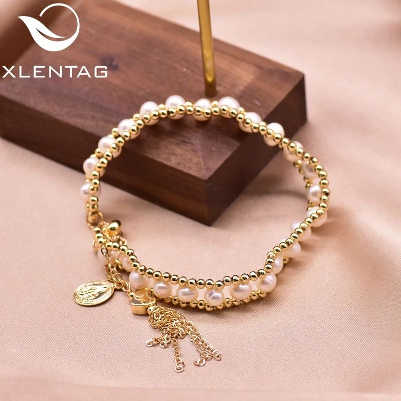 XlentAg Boho металлический шар натуральный жемчуг пара любовь браслеты для женщин