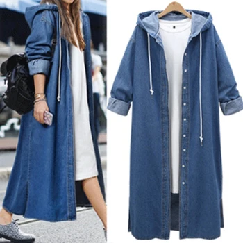 

Femael Fashion Loose Long Sleeve Hooded Denim Jacket Coat Ladies Casual Buttons Long Jean Coat Cardigan Outwear Tops
