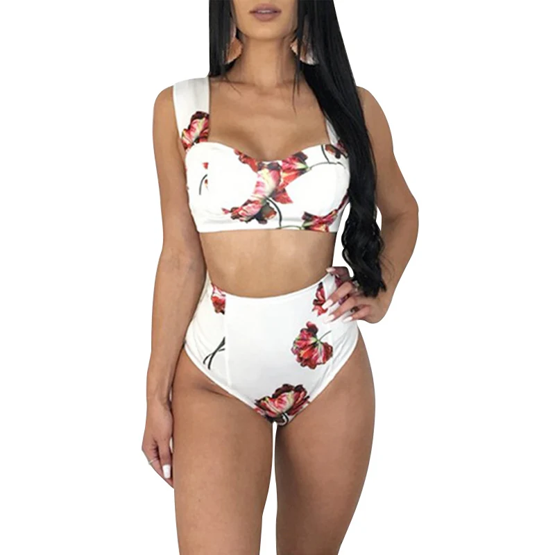 

Women Sexy Swimsuit Summer Fashion Flower Printed Swimwear High Waist Concise Steel Prop Bikinis Set Biquini