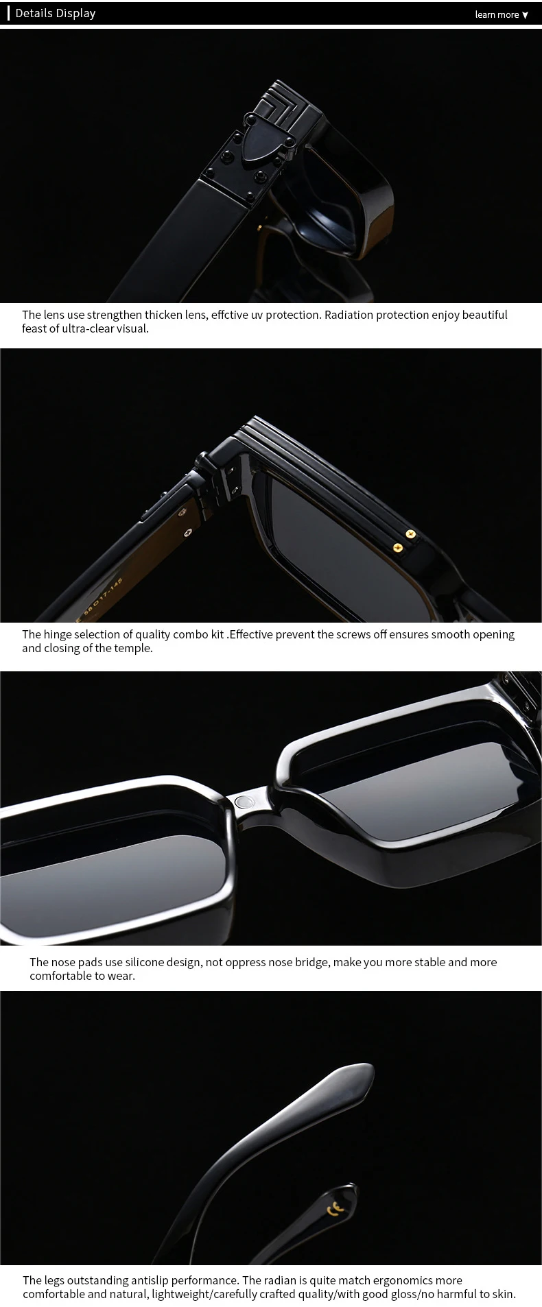 This image captures the intricate details of the Square Men Sunglasses, also known as Vintage Luxury Women Sun Glasses Shades with UV400 protection. The features showcased include high-quality lenses, superior hinges, silicone nose pads for comfort, and an ergonomic leg design that adds stability to this stylish fashion accessory.
