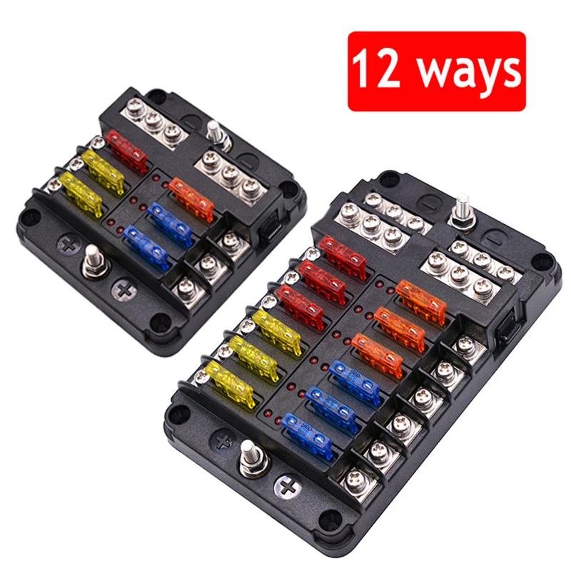 Car Fuse Box Holder M5 Stud With LED Indicator Light 6/12 Ways Blade Cover for Auto Boat Marine Trike 12-32V | Автомобили и