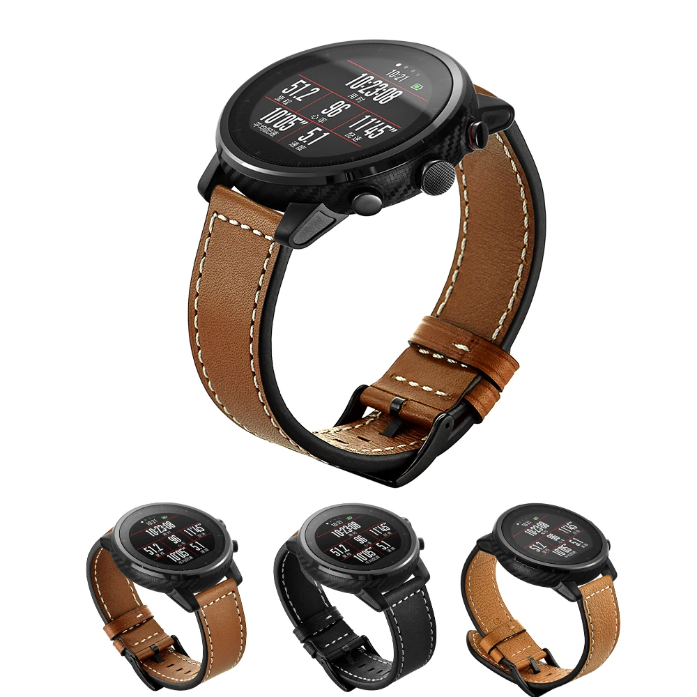 

For AMAZFIT 2 Watch Band 22mm Silicone Paste Top Layer Cow Leather Stitching Replaceable Watch Strap For AMAZFIT 1 Bracelet