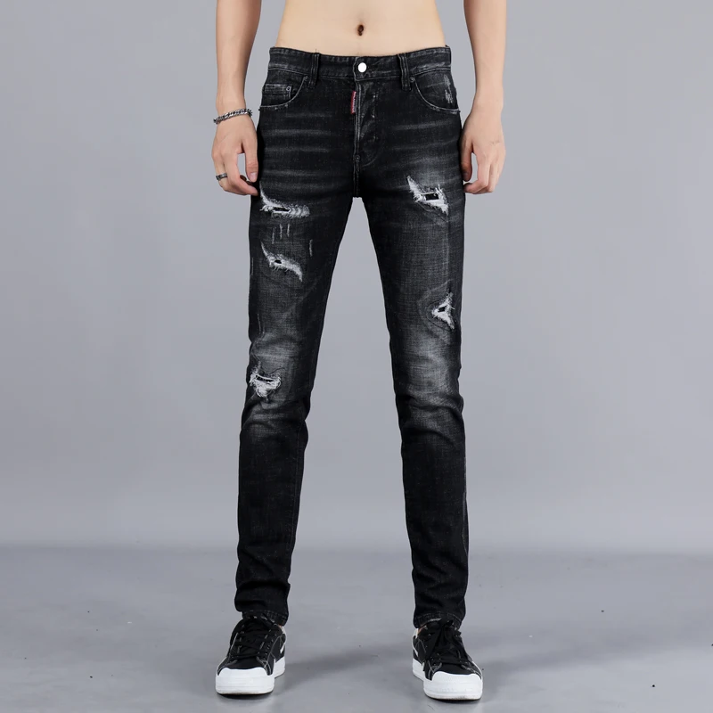 Итальянские винтажные мужские джинсы Уличная черная рваная эластичная рваные джинсы мужские высококачественные брендовые дизайнерские обтягивающие джинсы Homme