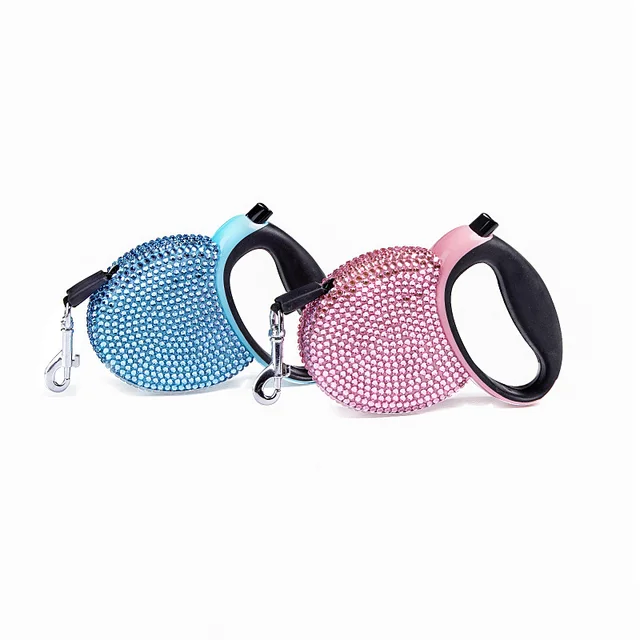 Automatic Retractable Leash for Pet, Blue and Pink Rhinestone, Bling Crystal Dog Leashes for Cat, Flat Line, 3M 3