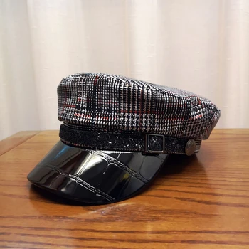 

Hat female autumn and winter plaid octagonal hat retro British beret fashion leather navy hat