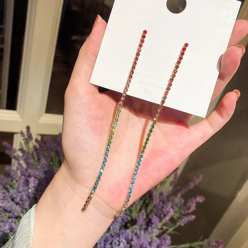 

2019New Korean Trendy Long Chain Dangle Earrings for Women Elegant Colorful Rhinestone Ear Line Party Jewelry