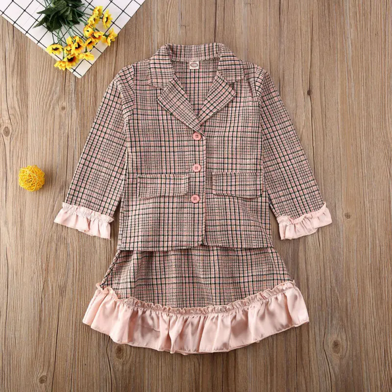 Модные детские комплекты одежды для маленьких девочек От 2 до 7 лет пальто в клетку топ и мини-юбки праздничная одежда