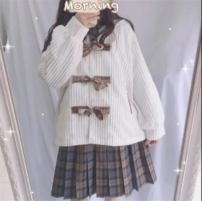 

Japanese Preppy Style Sweet Woman Coat Vintage Kawaii Plaid Bow Full Sleeve Corduroy Jacket Lace-Up Sailor Collar Patchwork Coat