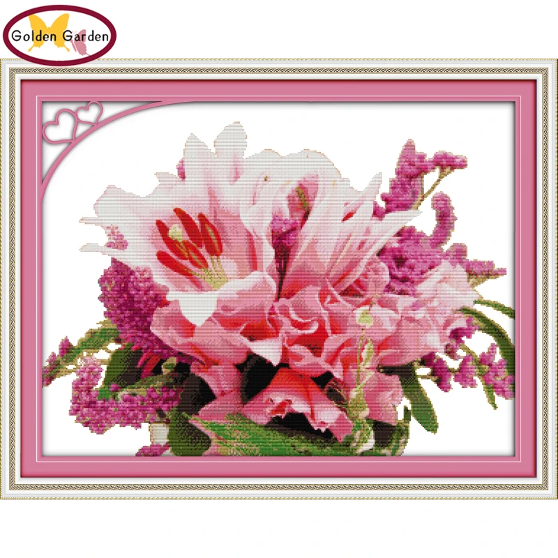 

GG Pink Lily Pattern Joy Sunday Cross Stitch Crafts Embroidery Painting Sets Chinese Counted Cross Stitch Kits for Home Decor