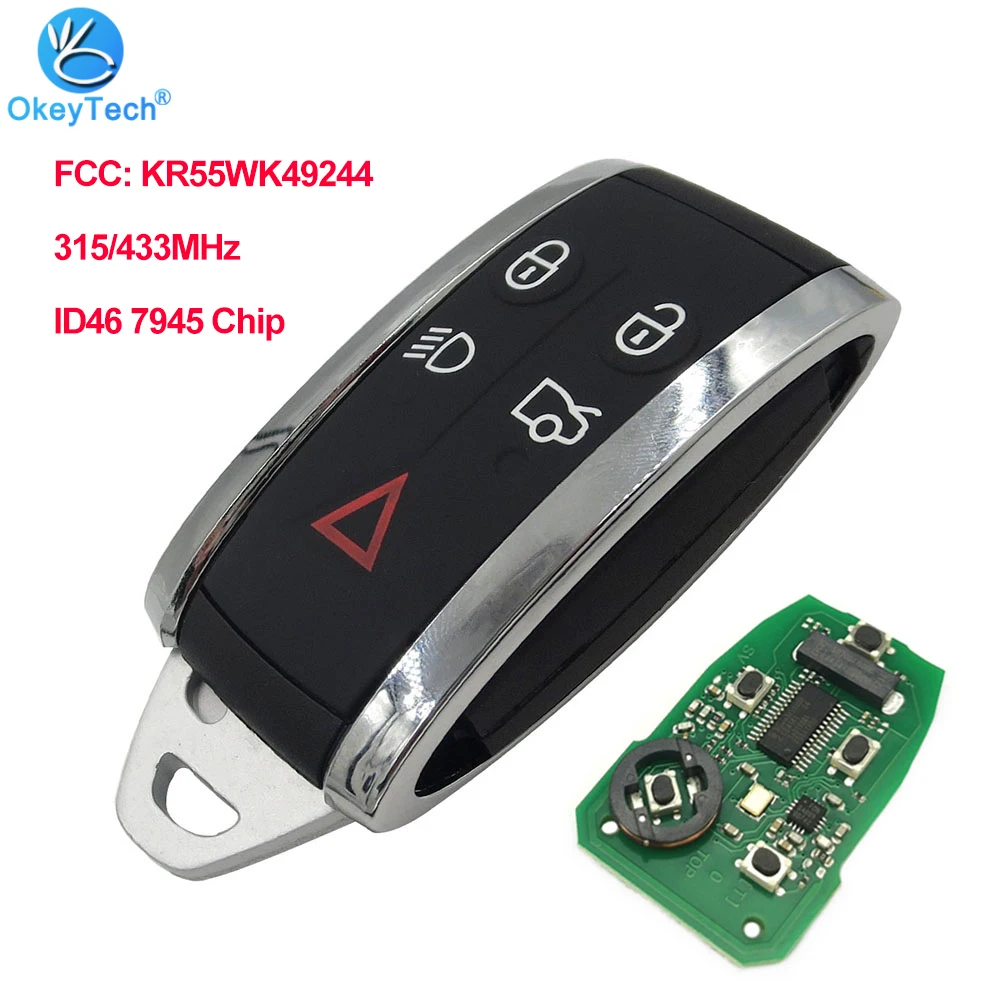 OKEYTECH REMOTE CAR KEY 5 BUTTONS FOR JAGUAR XF XF XFR XK XKR 2009-2013 315/433MHZ ID46 7945 CHIP FCC: KR55WK49244 KEYLESS ENTRY