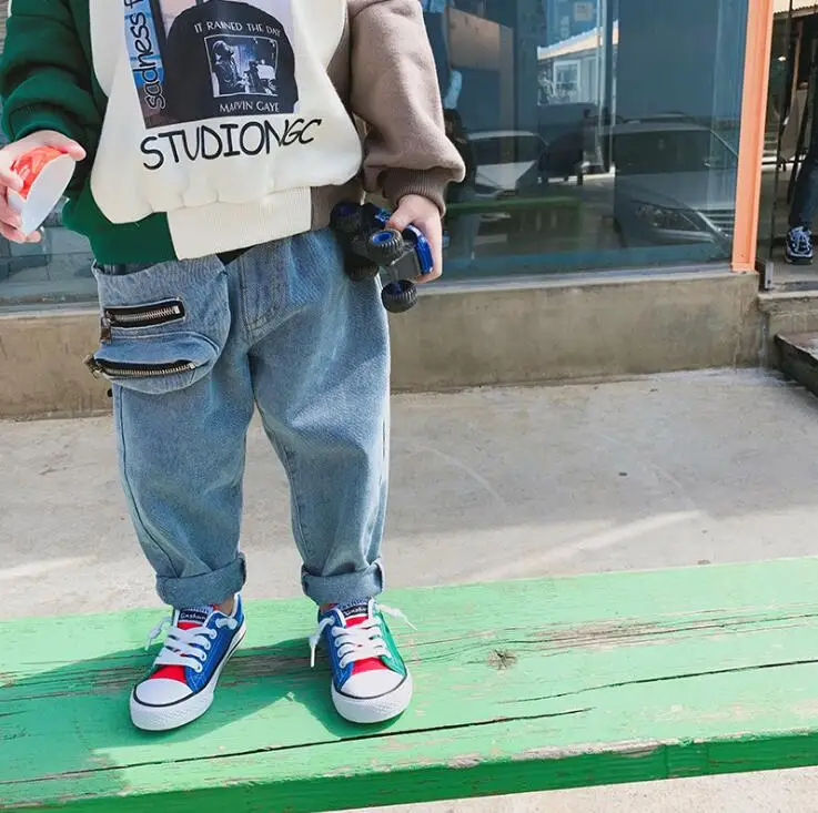 New Stylish Girls Boys Denim Pocket Pants Autumn Fashion Kids Jean Pants 1-6 Years