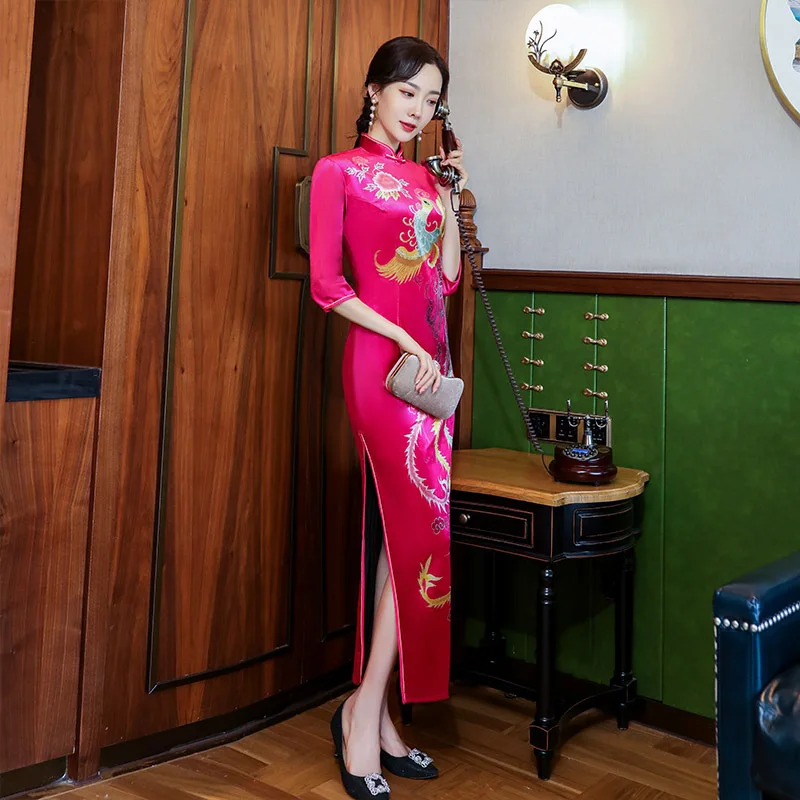 Китайское традиционное винтажное женское розовое Qipao с высоким разрезом вечерние платья для выпускного вечера элегантные Феникс Cheongsam восточные длинные платья