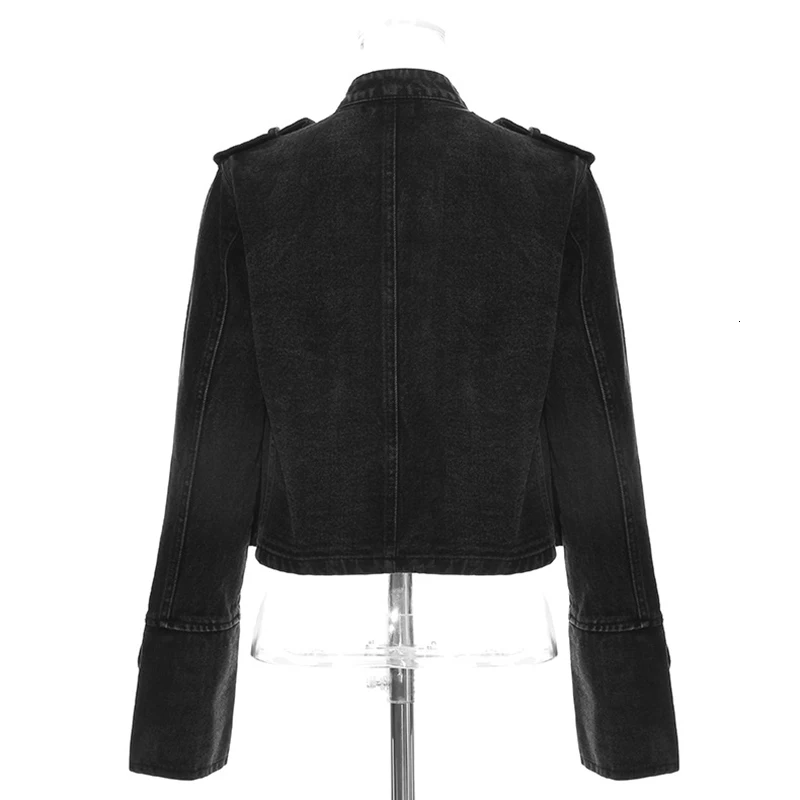 [EAM] Свободная джинсовая куртка на пуговицах с разрезом, новинка, стоячий воротник, длинный рукав, Женское пальто, модное, Осень-зима, 1K916