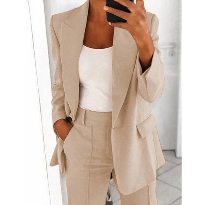 CINESSD 2021 Summer Autumn Solid Blazer Coat Notched Long Sleeve Cardigan Button Casual Jacket Suits Office Lady Black Blazers plus size pants suits evening wear Suits & Blazers