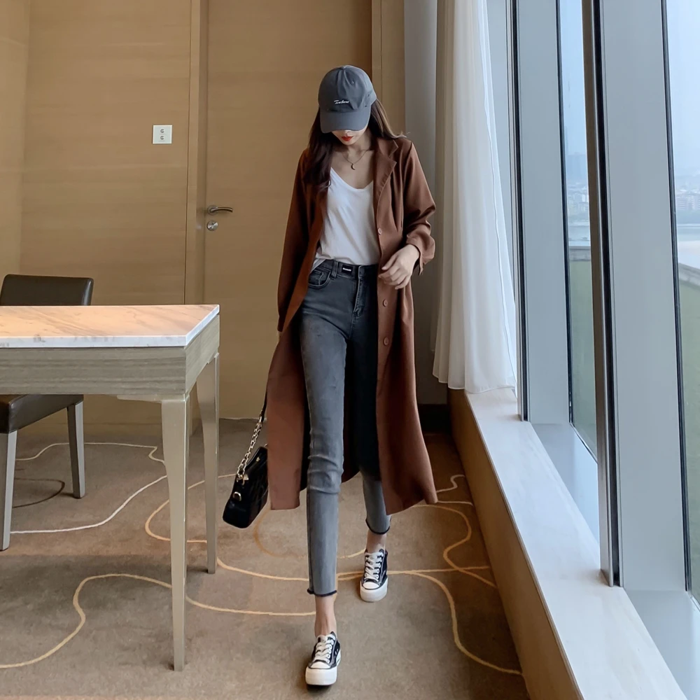 Fox mr. осень Гонконг аромат Шик Slim Fit Универсальный Талия обнимает похудение v-образным вырезом однобортный Тренч пальто костюм куртка O