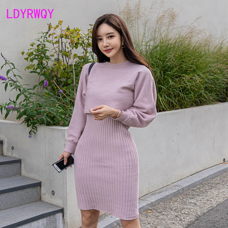 

2019 Korean version of the new sweater coat temperament slim slimming knitted dress two-piece suit Elastic Waist