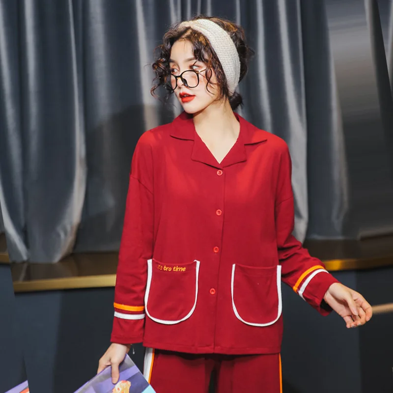 

2019 Spring And Autumn New Style WOMEN'S Pajama Korean Style INS Wind Long Sleeve Pure Cotton Homewear Set Pajamas