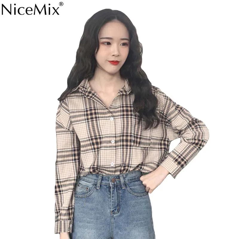 

NiceMix 2020 Autumn Harajuku Blouse Women Plaid Shirts Ladies Kawaii Tops Shirt Casual One Size Female Blusas Vetement Femme