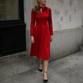 

Gedivoen Autumn Solid Red Knee-Length Dress Women Long Sleeve High Waist Party Dress Fashion Runway Elegant Dresses Vestidos