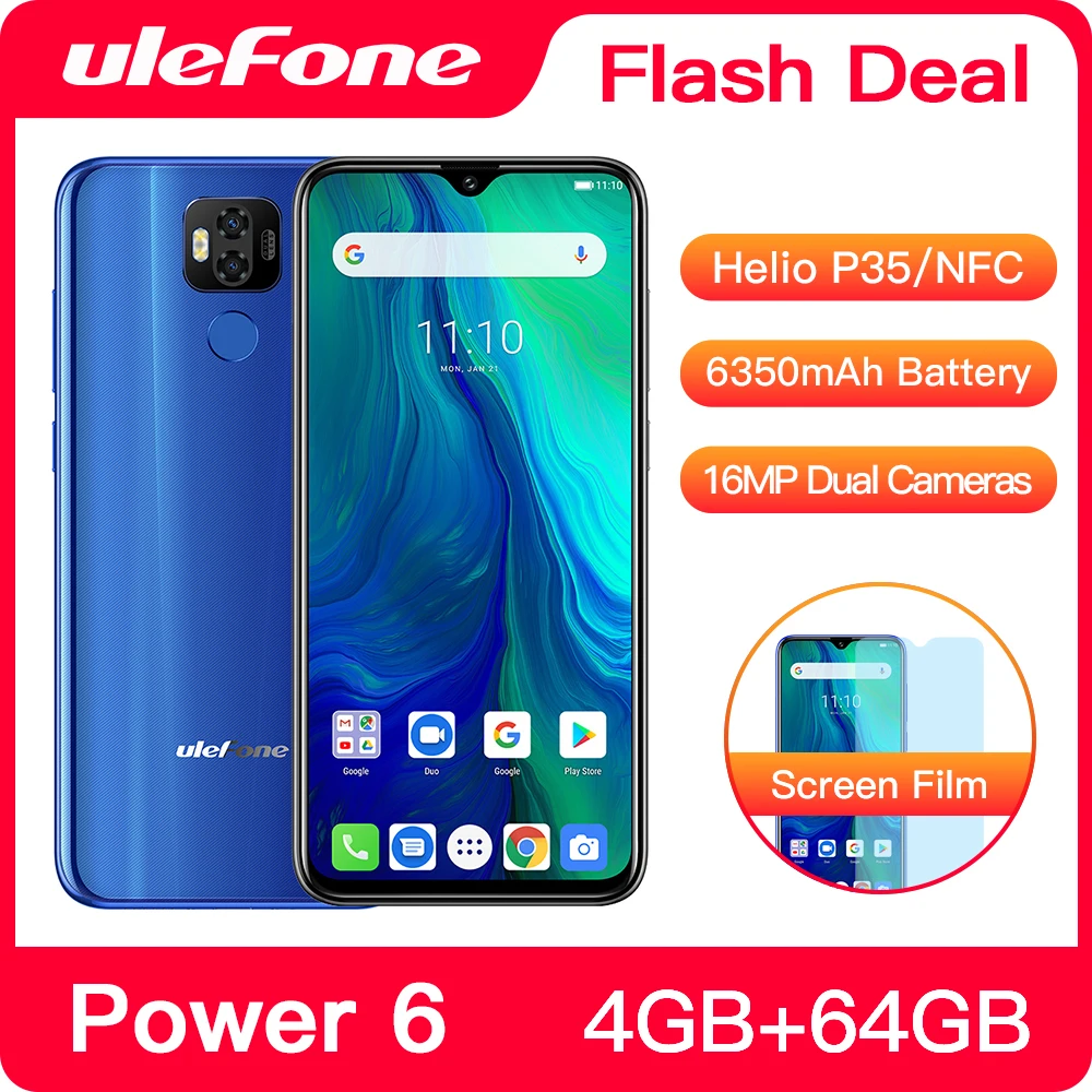 Смартфон Ulefone Power 6 с Android 9.0 восьмиядерный Helio P35 6350 мА/ч 3 дюйма 4 Гб 64 NFC 4G сотовый