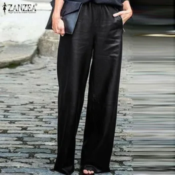 

2020 ZANZEA Fashion PU Leather Trousers Casual Solid Work Office Wide Leg Pants Women Elastic Waist Pockets Long Pantalon Female
