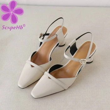 

5cnpeHb Women Head Cover Leather Sandals Vintage Ladies Shoes Block High Heels Small Square Toe Cap Buckle with Sheepskin Pad