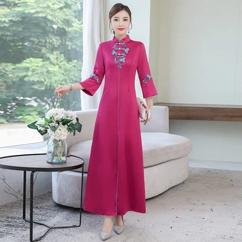 

2020 women chinese dress cheongsam dress long robe evening party dress female chinese style dresses qipao embroidery satin dress