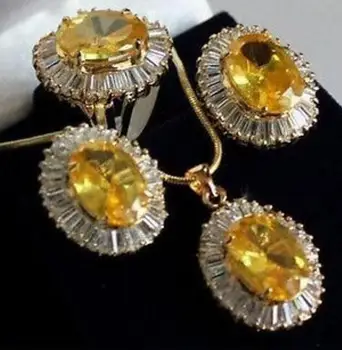 

Free Shipping Fine Jewelry real new Fashion Cubic Zirconia Trendy %Jewelry sets Lovely Yellow crystal pendant necklace sets