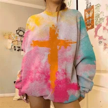 

Tie-Dye Cross Printed Pullovers Women MultiColors Loose Plus Size Casual Commute Sweatshirts Spring O-Neck Long Sleeve Pullovers