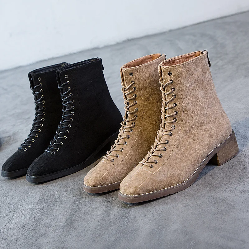

Autumn & Winter Flat Tube Fashion Short Boots Semi-high Heeled Women's British-Style Lace-up after Zipper Street Elegant Short B