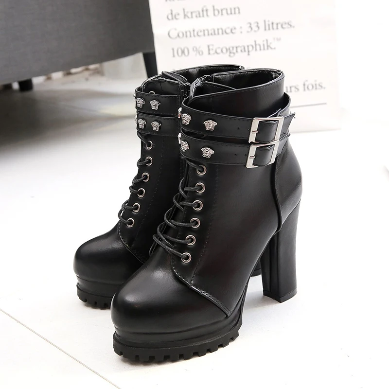 Black Platform Heels Sexy Women Boots Super High Heel Metal Buckle Pointed Toe Side Zipper Lace-up Fashionable Pu Female | Обувь